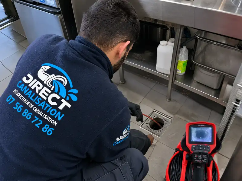 Technicien Direct Canalisation intervenant dans une cuisine de restaurant à Lyon