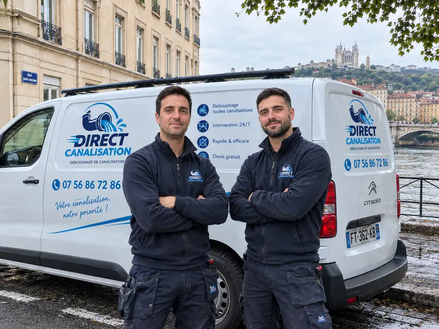 Deux techniciens Direct Canalisation devant leur camion à Lyon, avec la basilique de Fourvière en arrière-plan