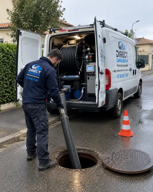 Technicien Direct Canalisation aspirant un regard avec le camion d'aspiration à Lyon