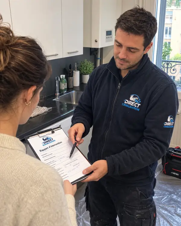 Technicien Direct Canalisation présentant un rapport d'intervention à une cliente