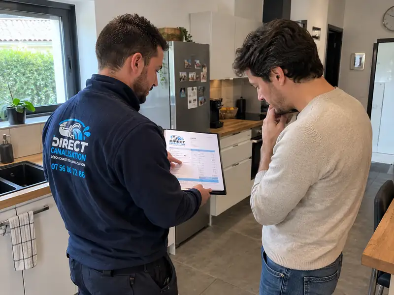 Technicien Direct Canalisation présentant un devis détaillé à un client dans sa cuisine à Lyon
